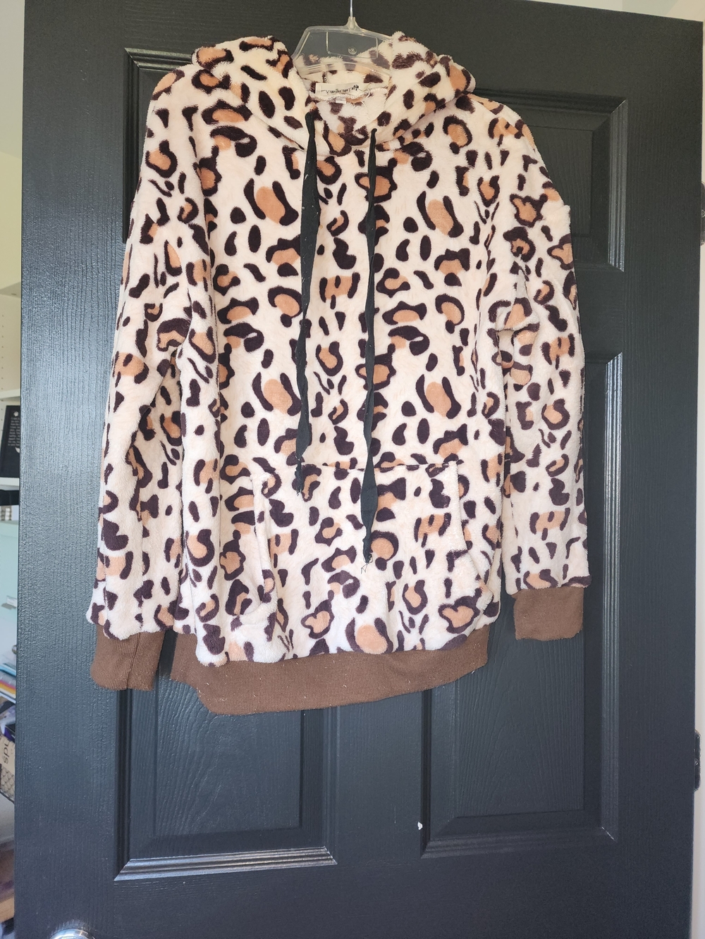Leopard Print Plush Hoodie Sweatshirt - Brown/Black